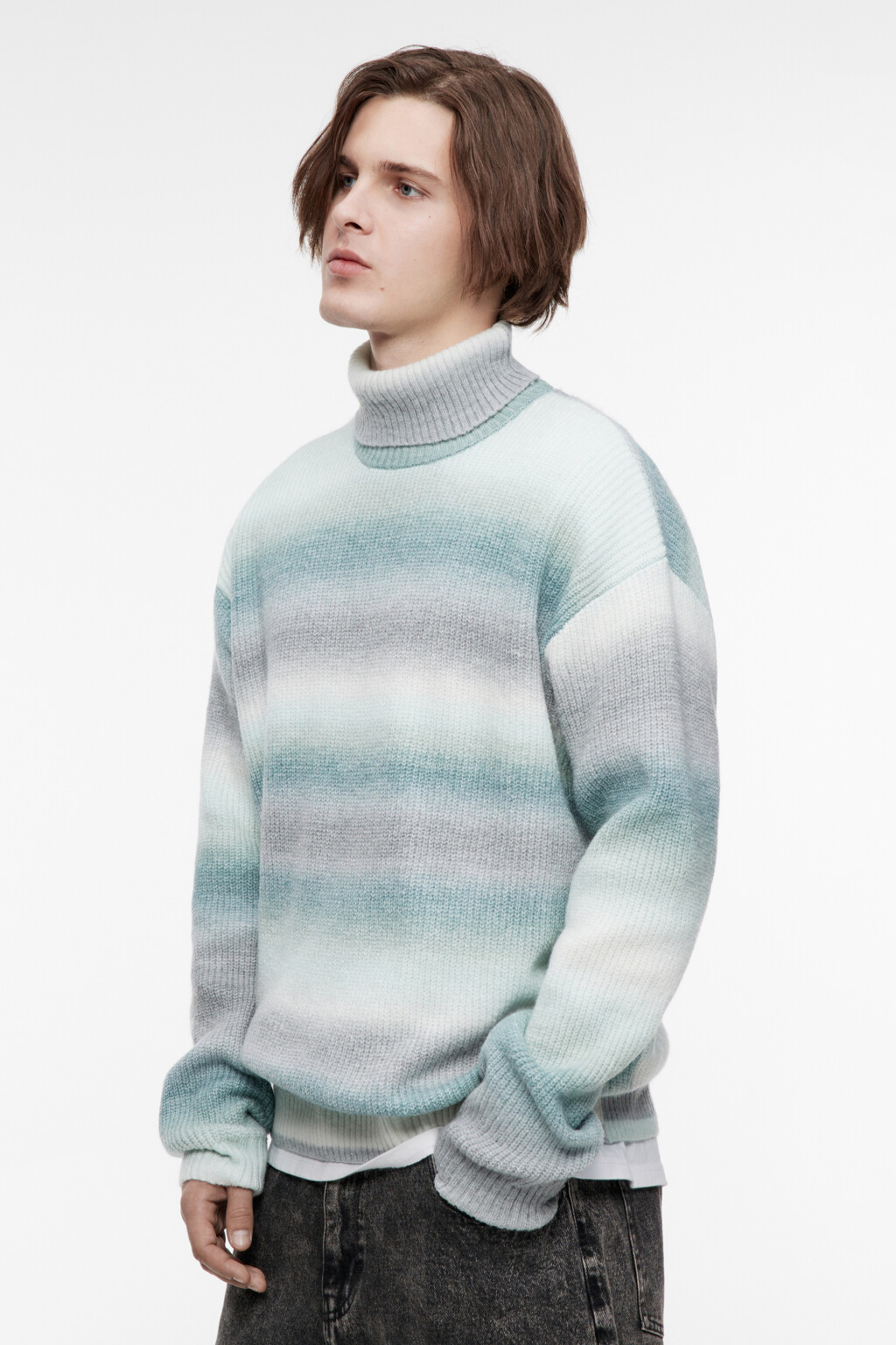 Свитер с горлом вязаный в полоску - цвет голубой - 3