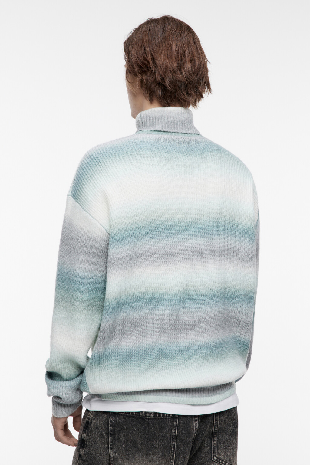 Свитер с горлом вязаный в полоску - цвет голубой - 4