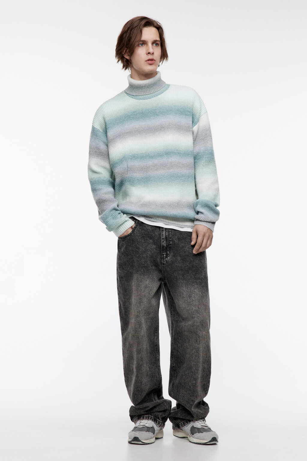 Свитер с горлом вязаный в полоску - цвет голубой - 5