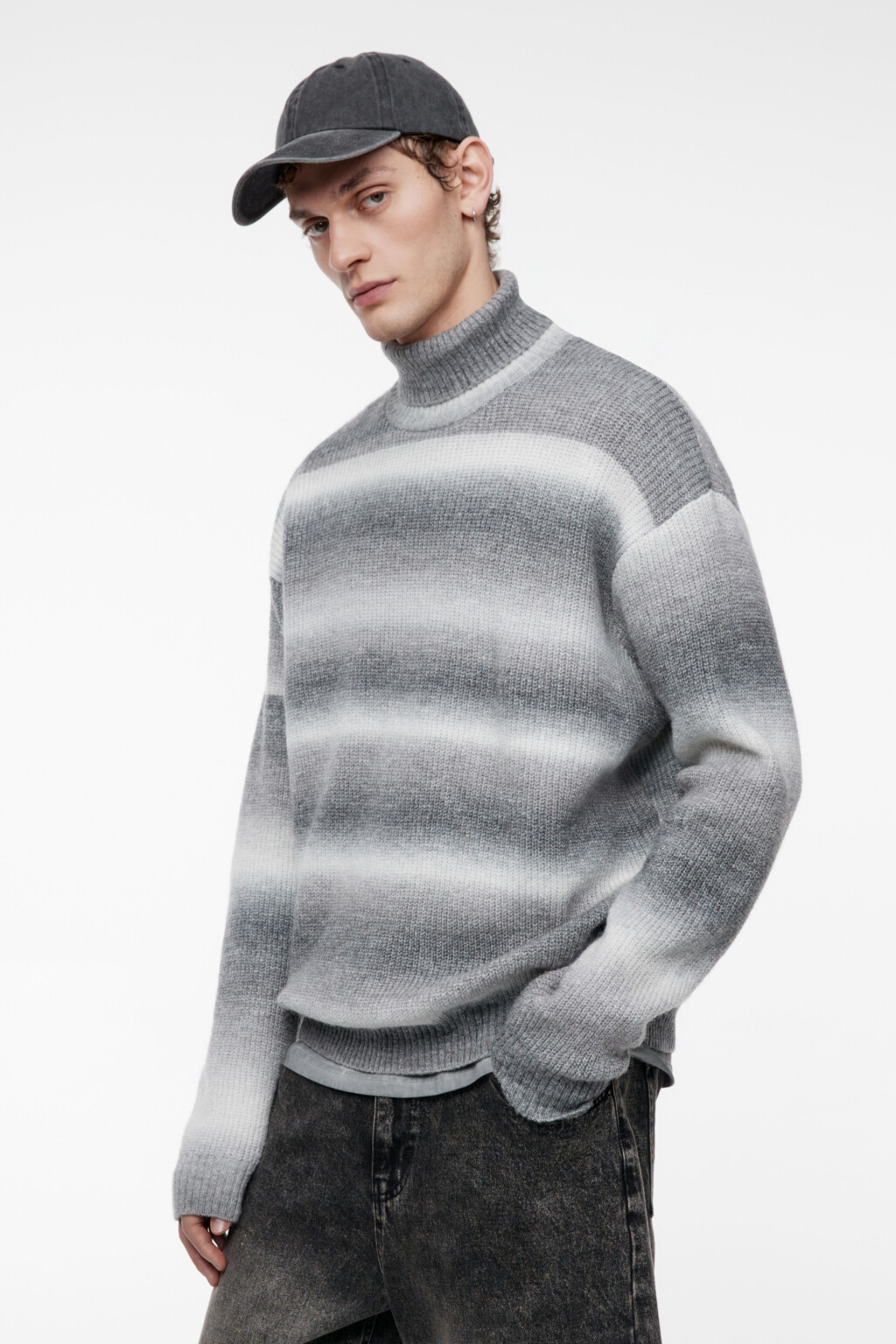 Свитер с горлом вязаный в полоску - цвет белый - 4