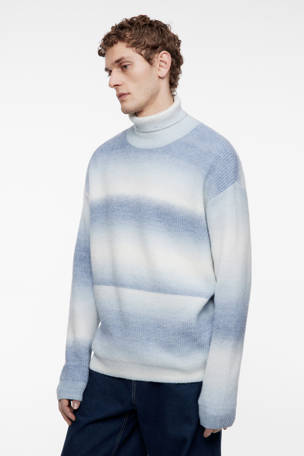 Свитер с горлом вязаный в полоску - цвет бежевый - 2