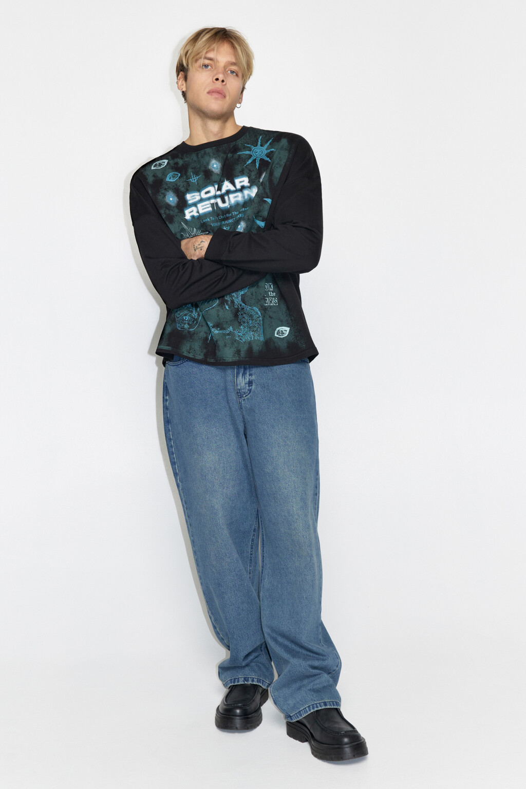 Лонгслив oversize хлопковый с космическим принтом - цвет черный - 1