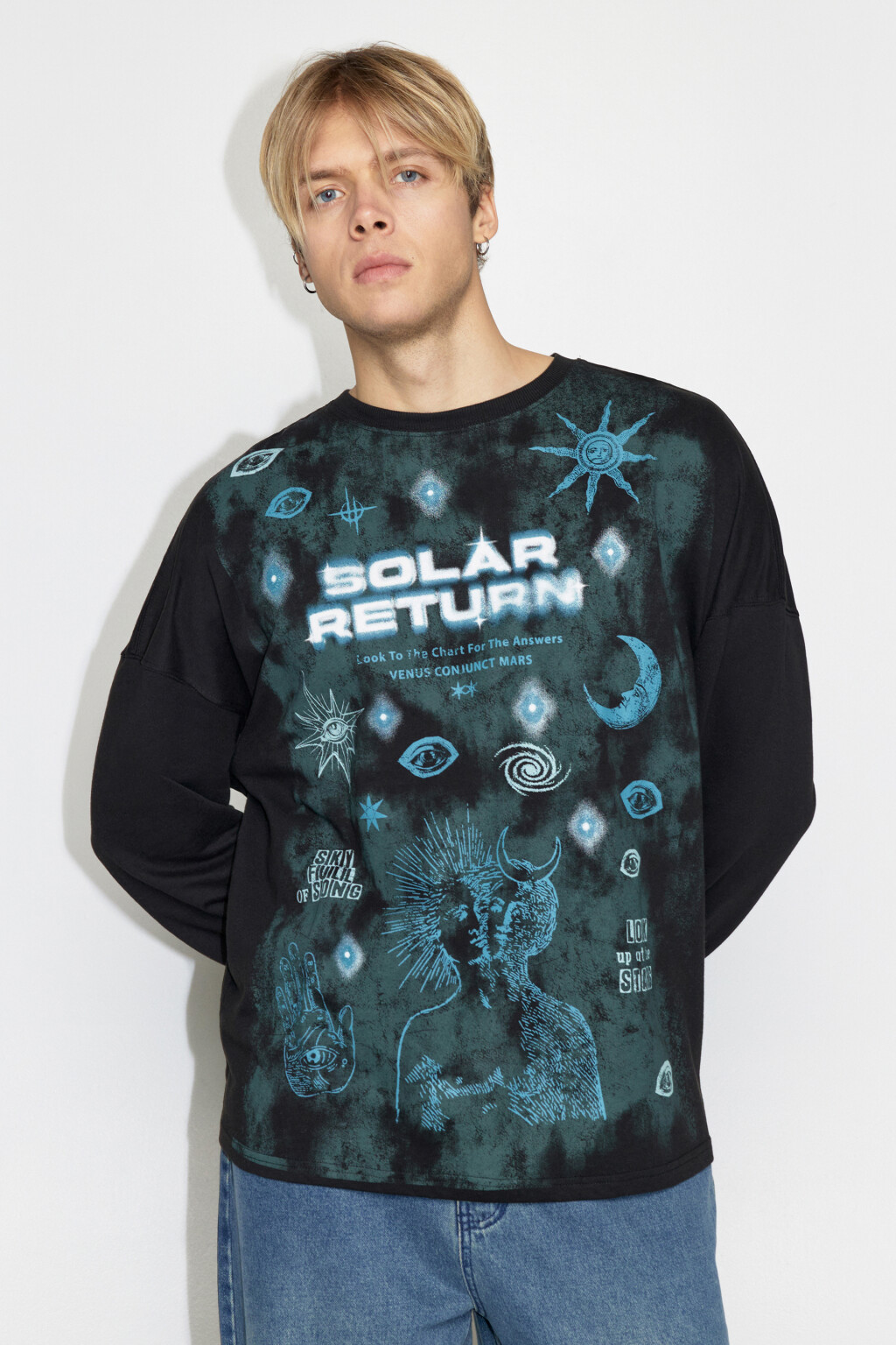 Лонгслив oversize хлопковый с космическим принтом - цвет черный - 2