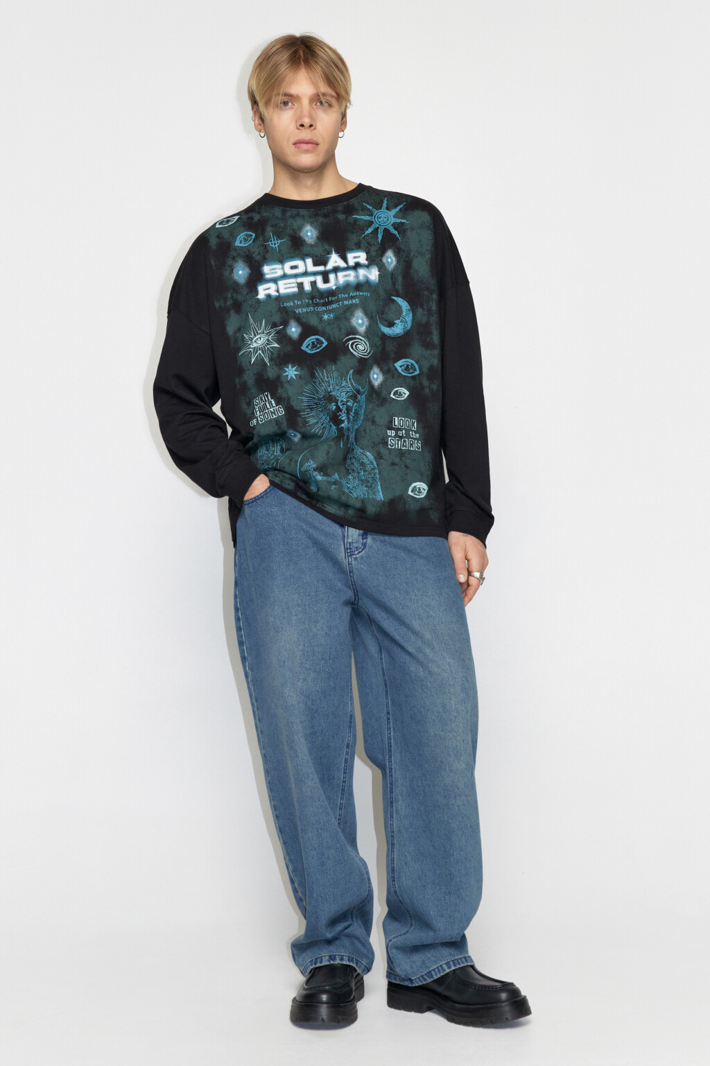 Лонгслив oversize хлопковый с космическим принтом - цвет черный - 5