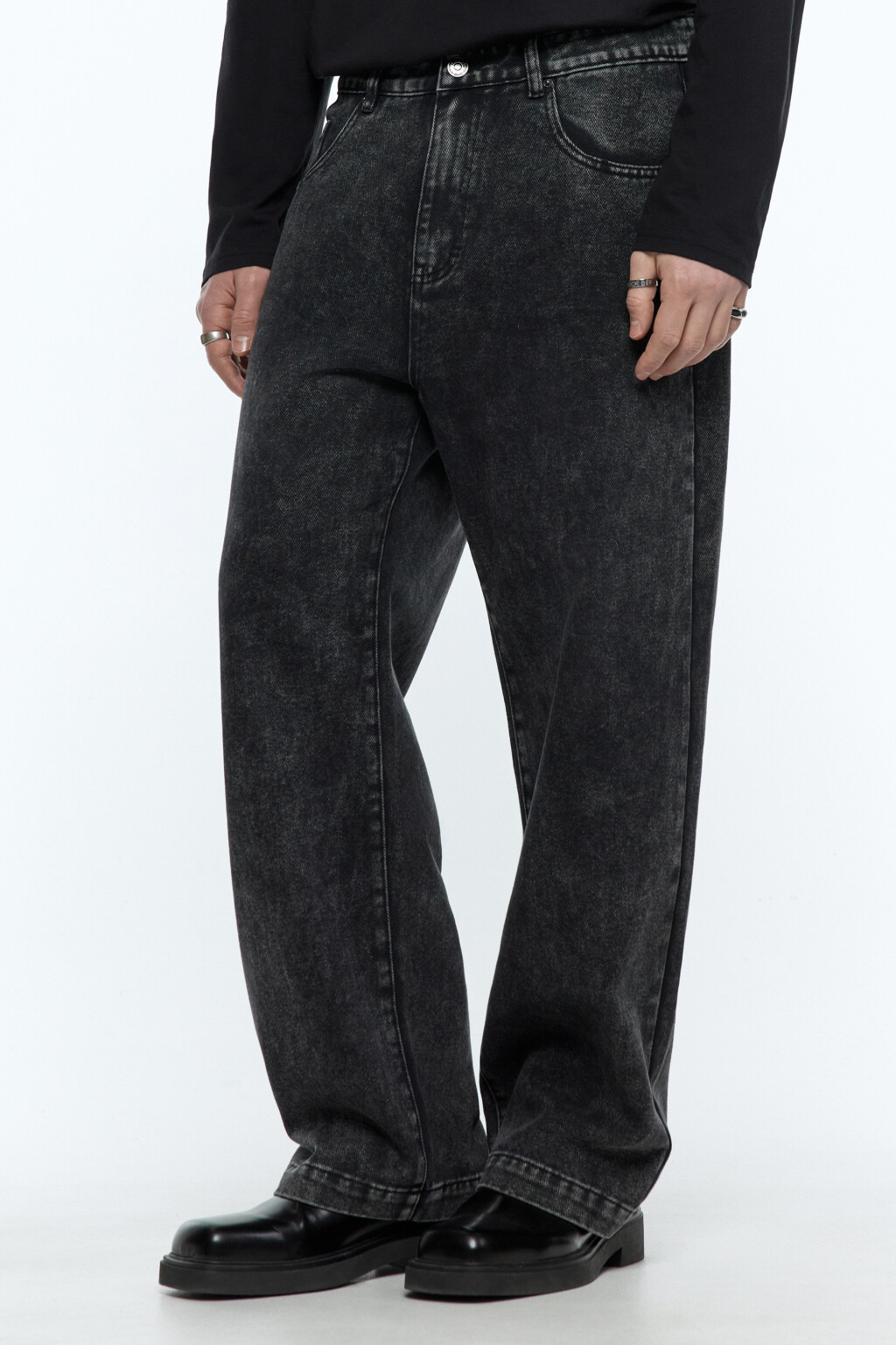 Джинсы wide широкие с вареным эффектом и разводами - цвет черный - 3