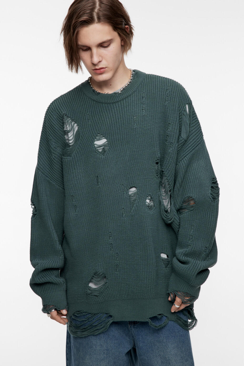 Свитер oversize вязаный рваный в стиле гранж - цвет зеленый - 2