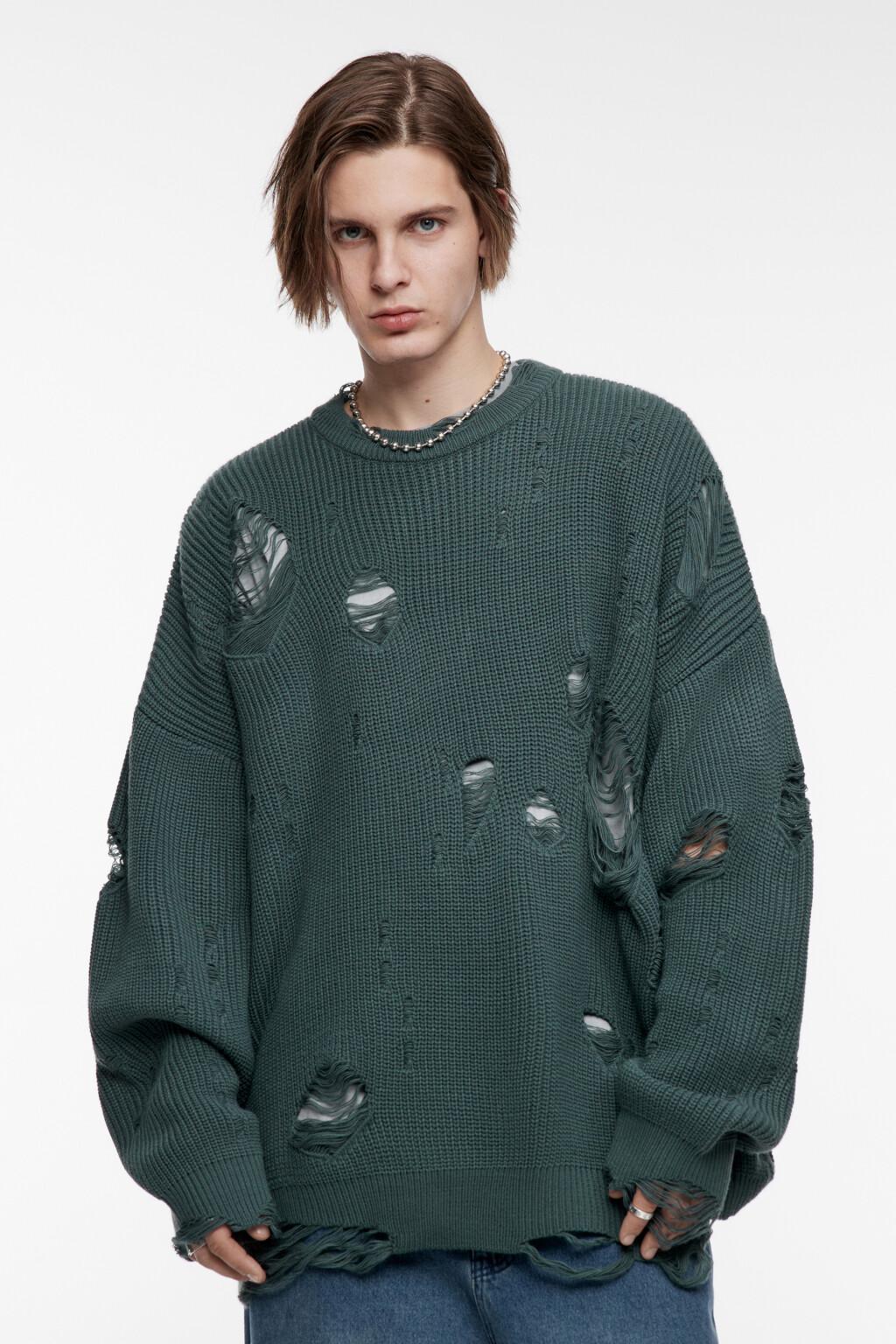 Свитер oversize вязаный рваный в стиле гранж - цвет зеленый - 3