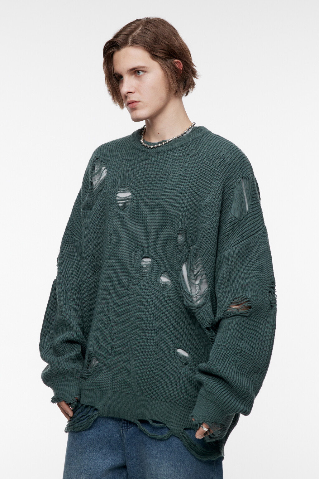 Свитер oversize вязаный рваный в стиле гранж - цвет зеленый - 4