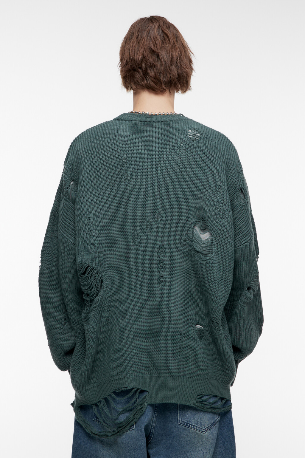 Свитер oversize вязаный рваный в стиле гранж - цвет зеленый - 5