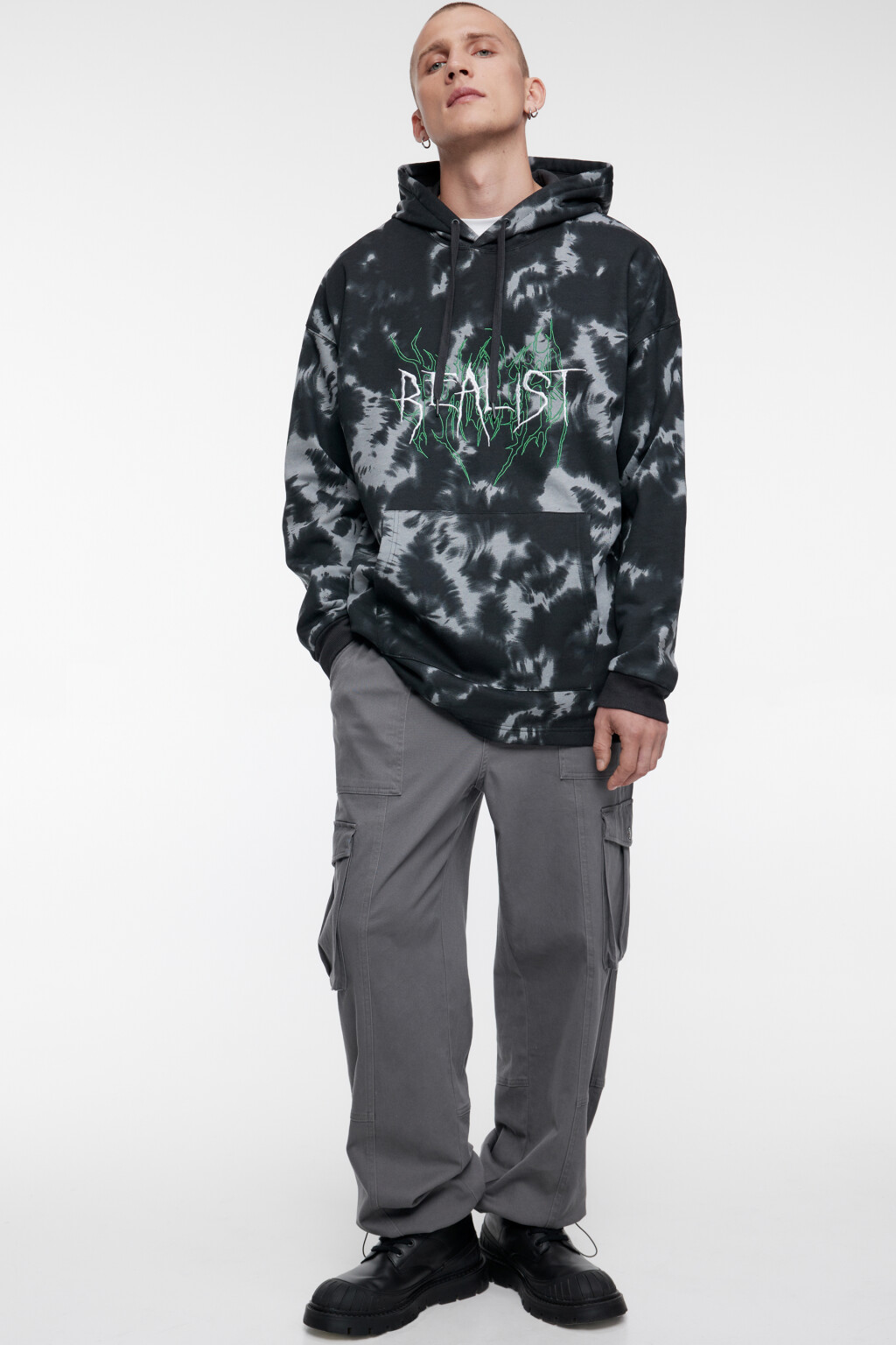 Худи oversize с вареным эффектом и принтом - цвет черный - 1