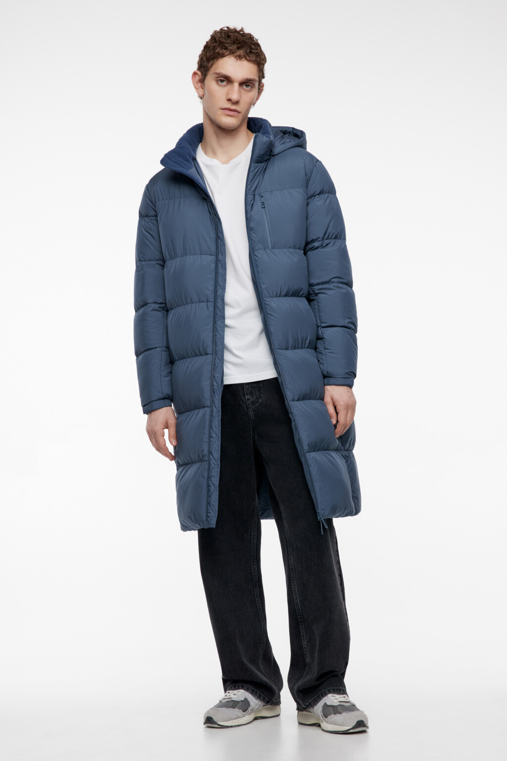 Пальто-пуховик длинное стеганое с капюшоном - цвет синий - 5