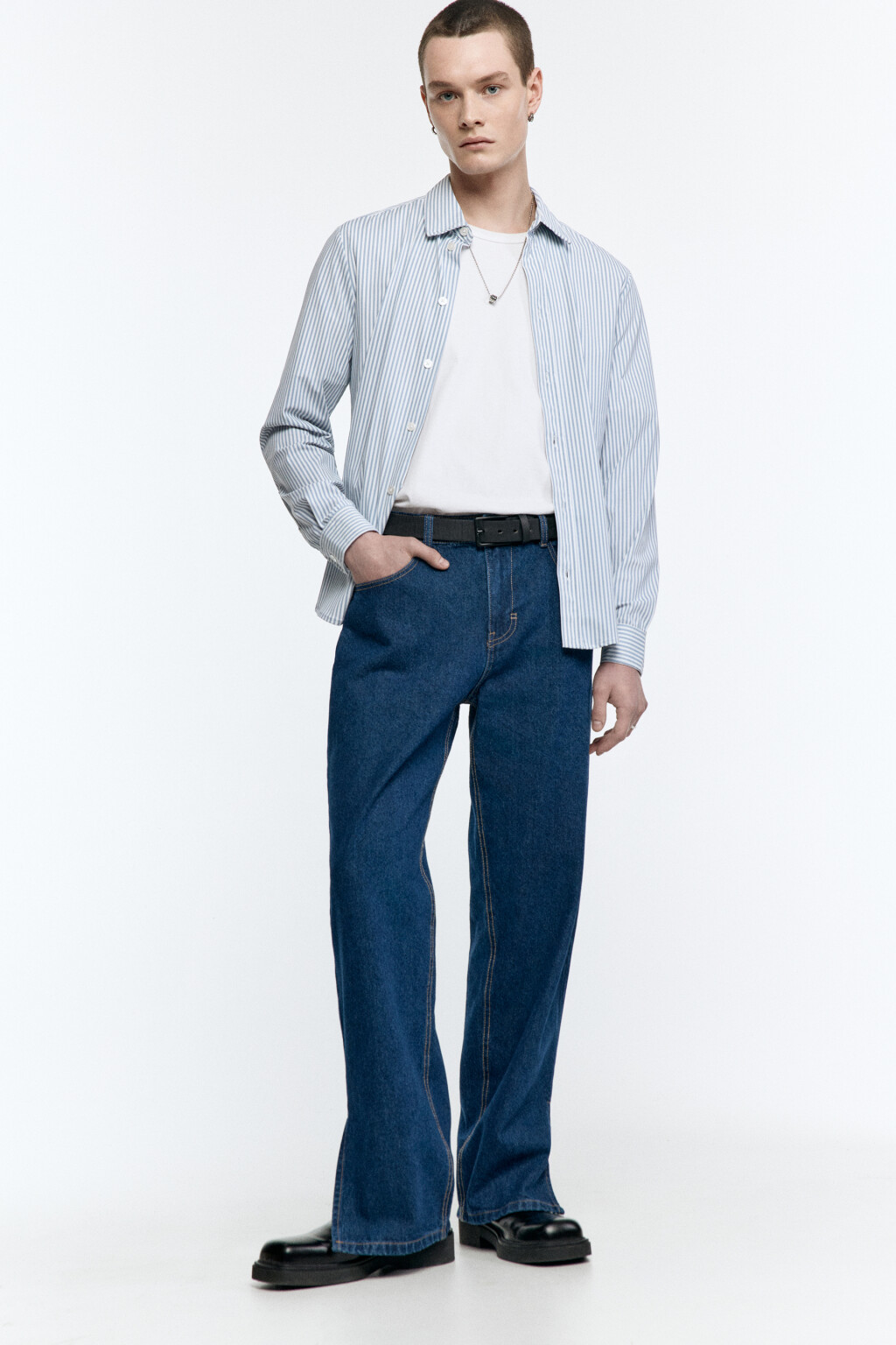 Рубашка классическая с принтом в полоску - цвет голубой - 1