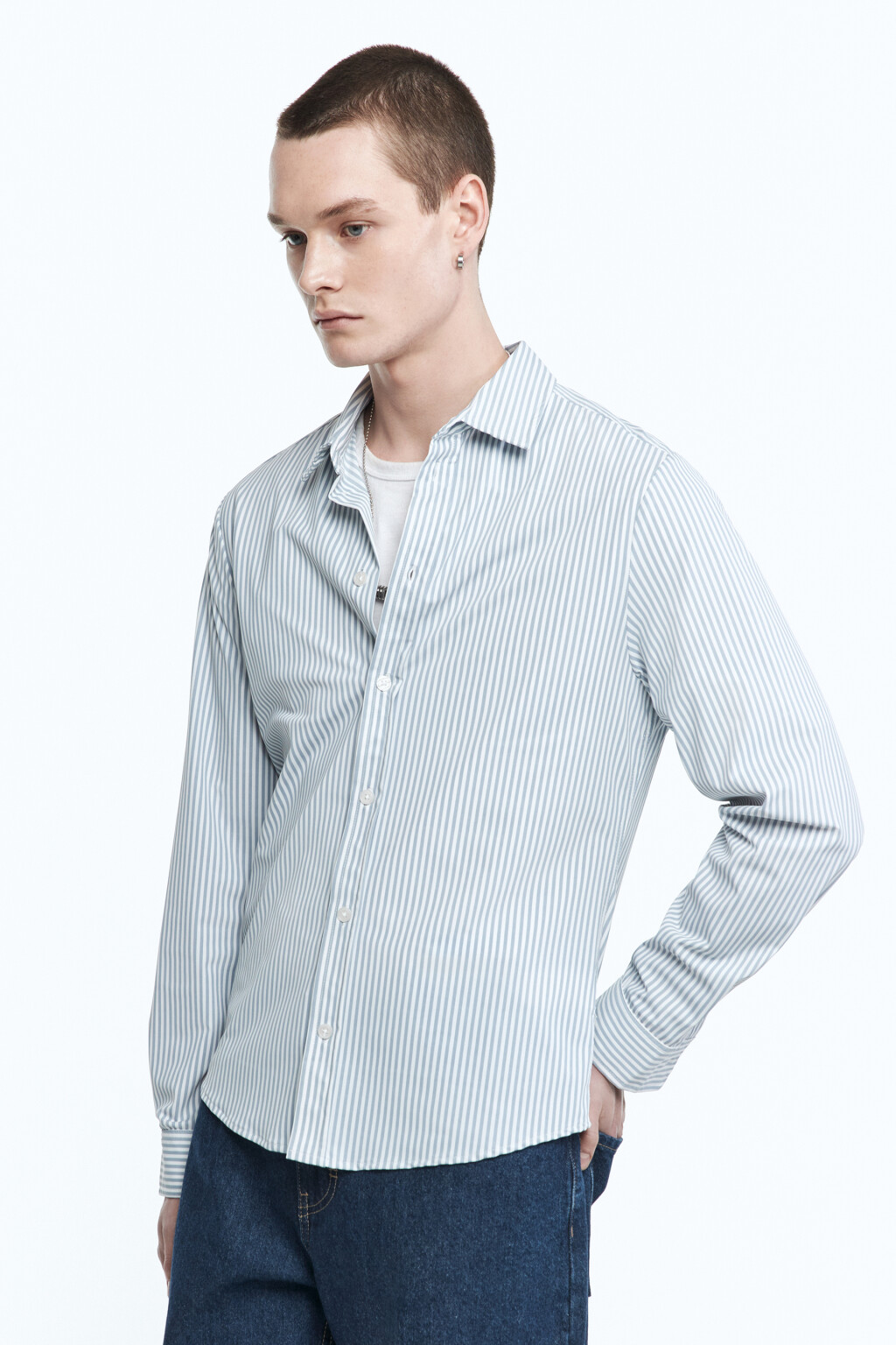 Рубашка классическая с принтом в полоску - цвет голубой - 3