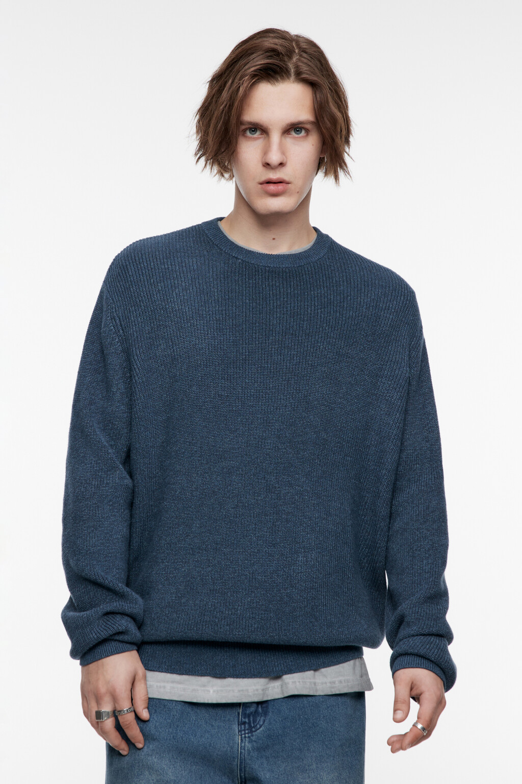 Свитер вязаный хлопковый из фактурной пряжи - цвет синий - 1