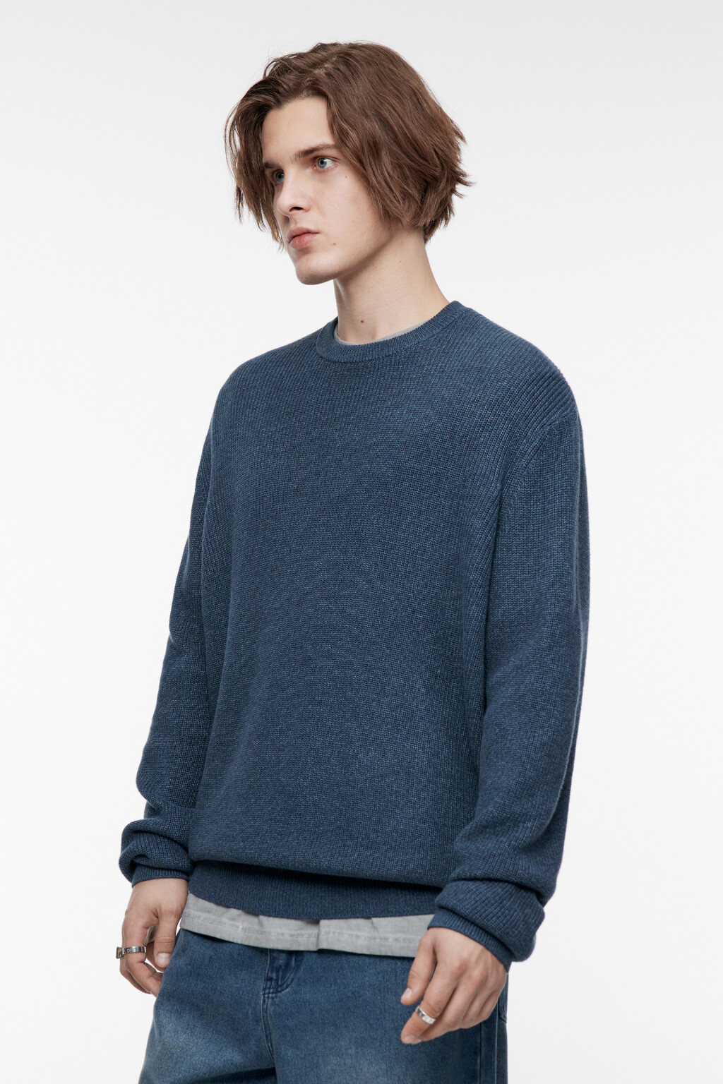 Свитер вязаный хлопковый из фактурной пряжи - цвет синий - 2