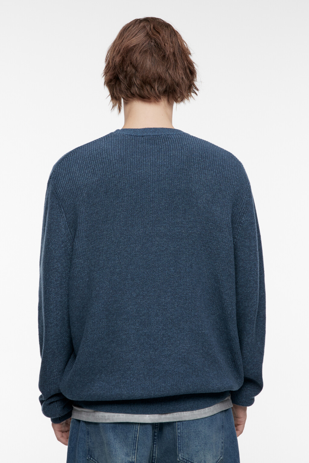 Свитер вязаный хлопковый из фактурной пряжи - цвет синий - 3
