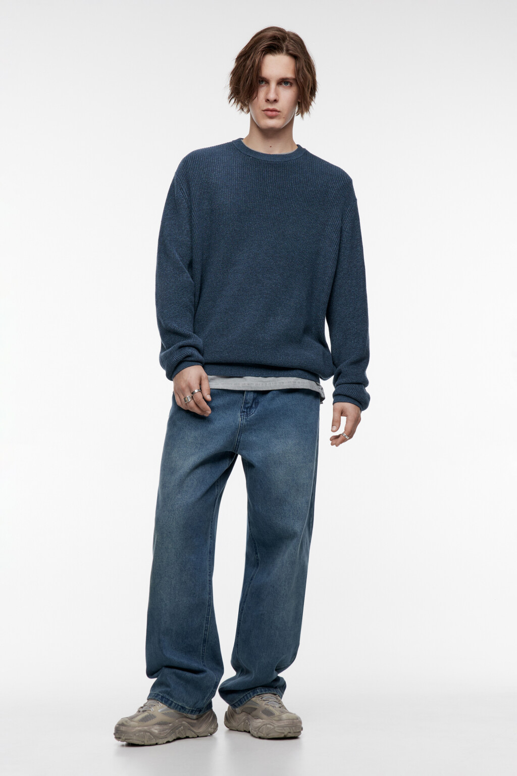 Свитер вязаный хлопковый из фактурной пряжи - цвет синий - 4