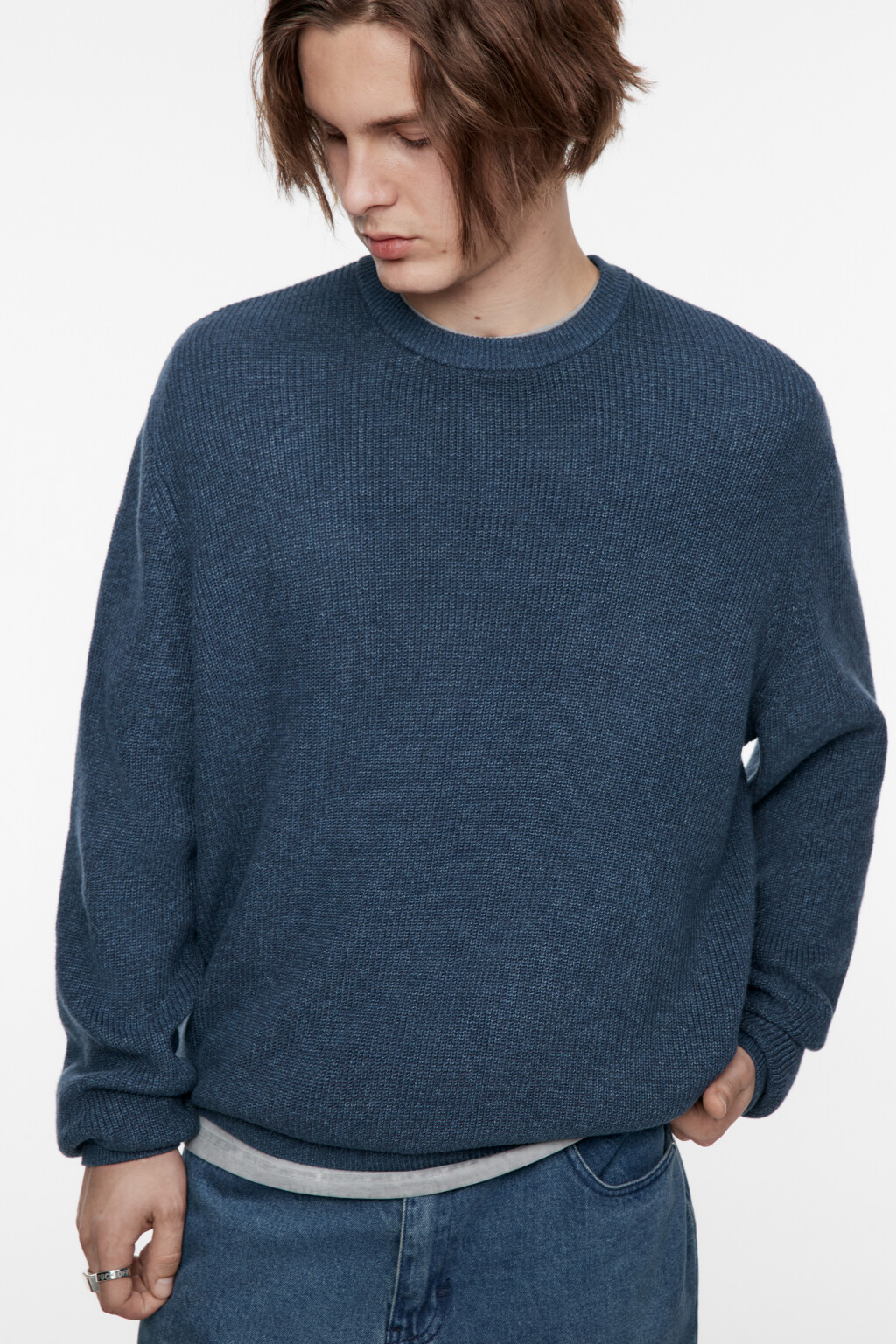 Свитер вязаный хлопковый из фактурной пряжи - цвет синий - 7