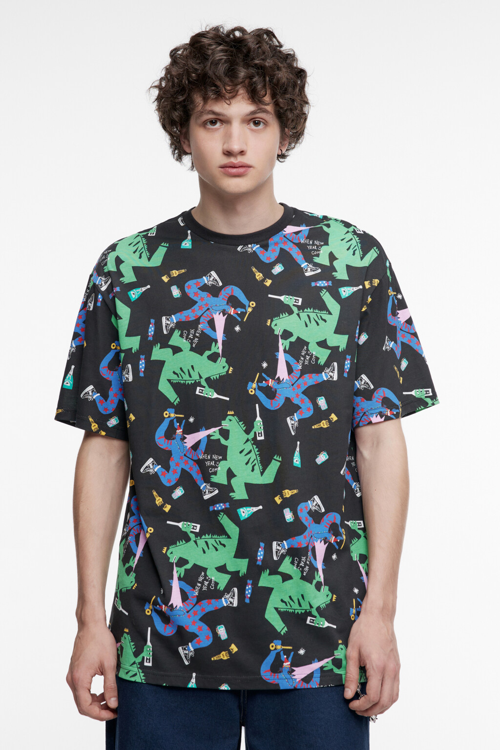 Футболка хлопковая с новогодним принтом - цвет черный - 2