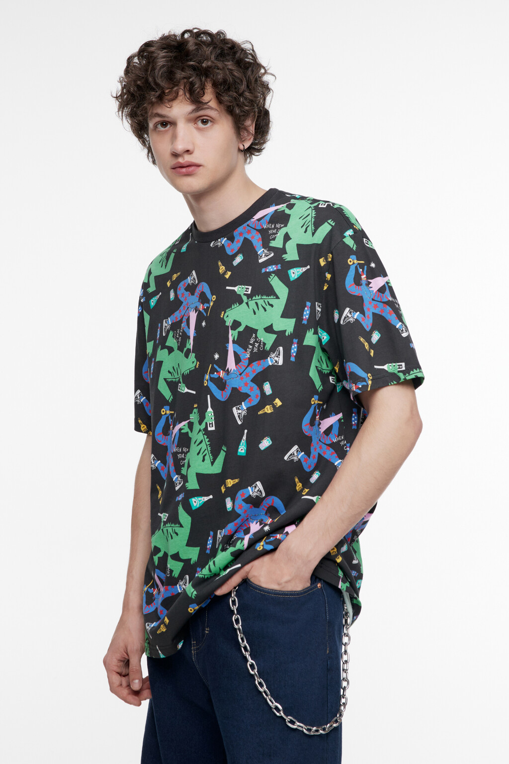 Футболка хлопковая с новогодним принтом - цвет черный - 3