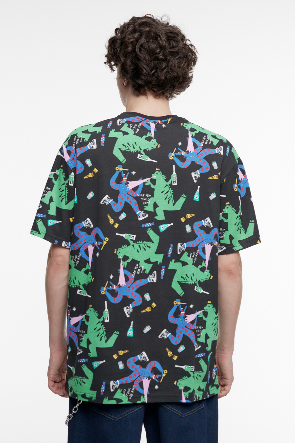 Футболка хлопковая с новогодним принтом - цвет черный - 4