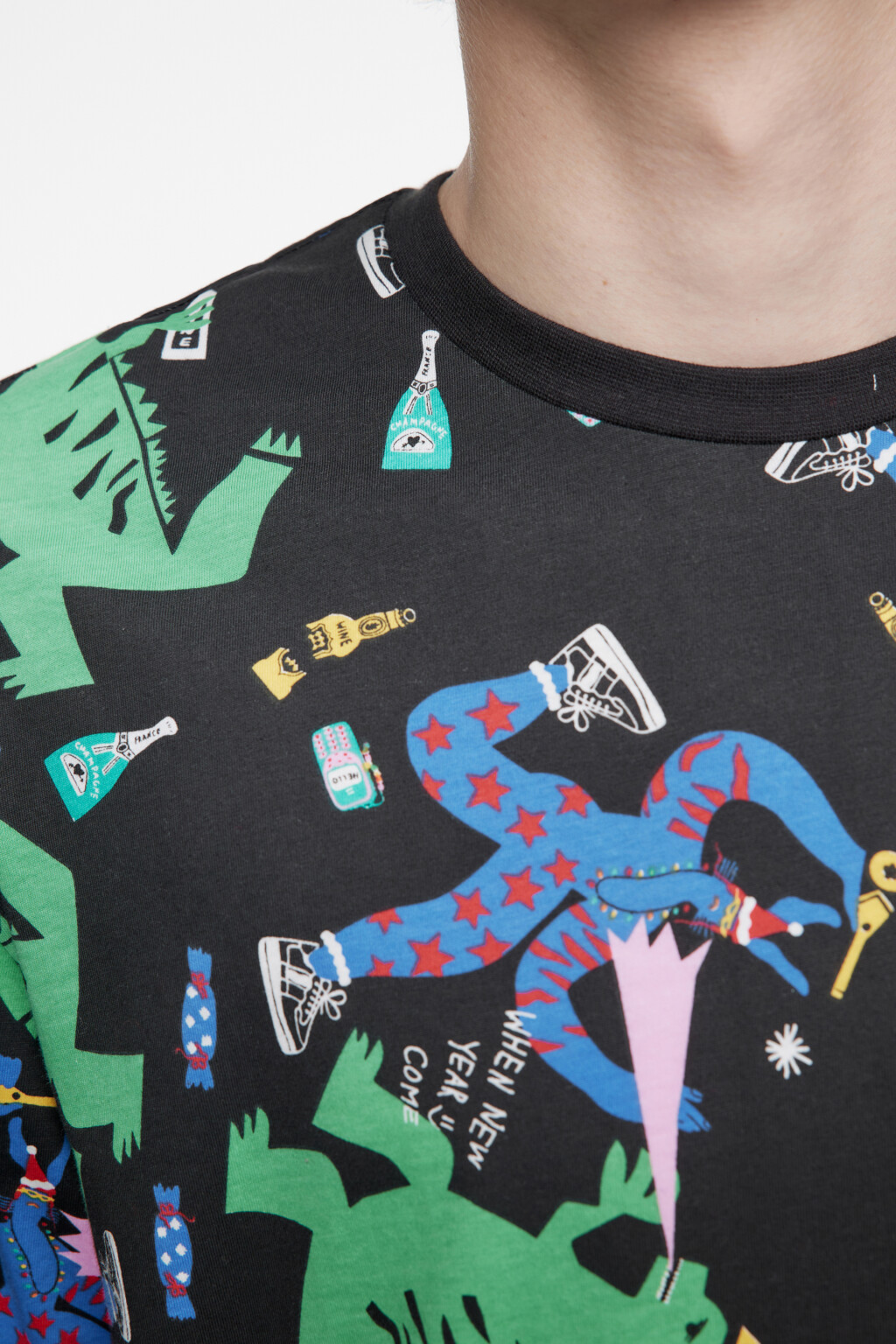 Футболка хлопковая с новогодним принтом - цвет черный - 6