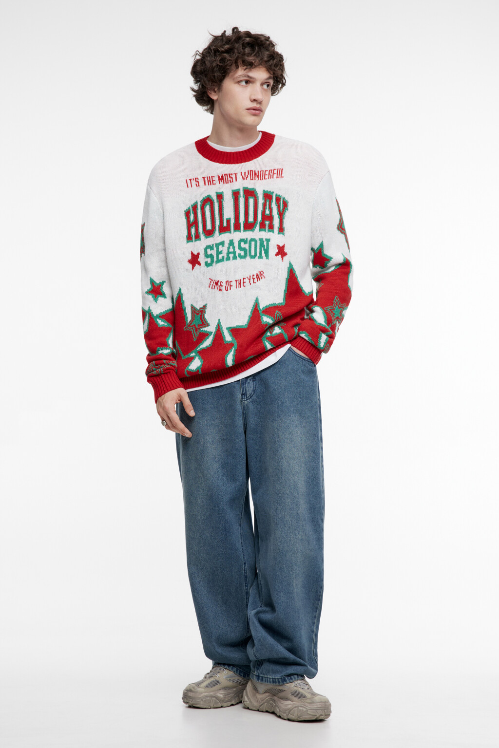 Свитер вязаный с рождественским принтом - цвет бордовый - 1