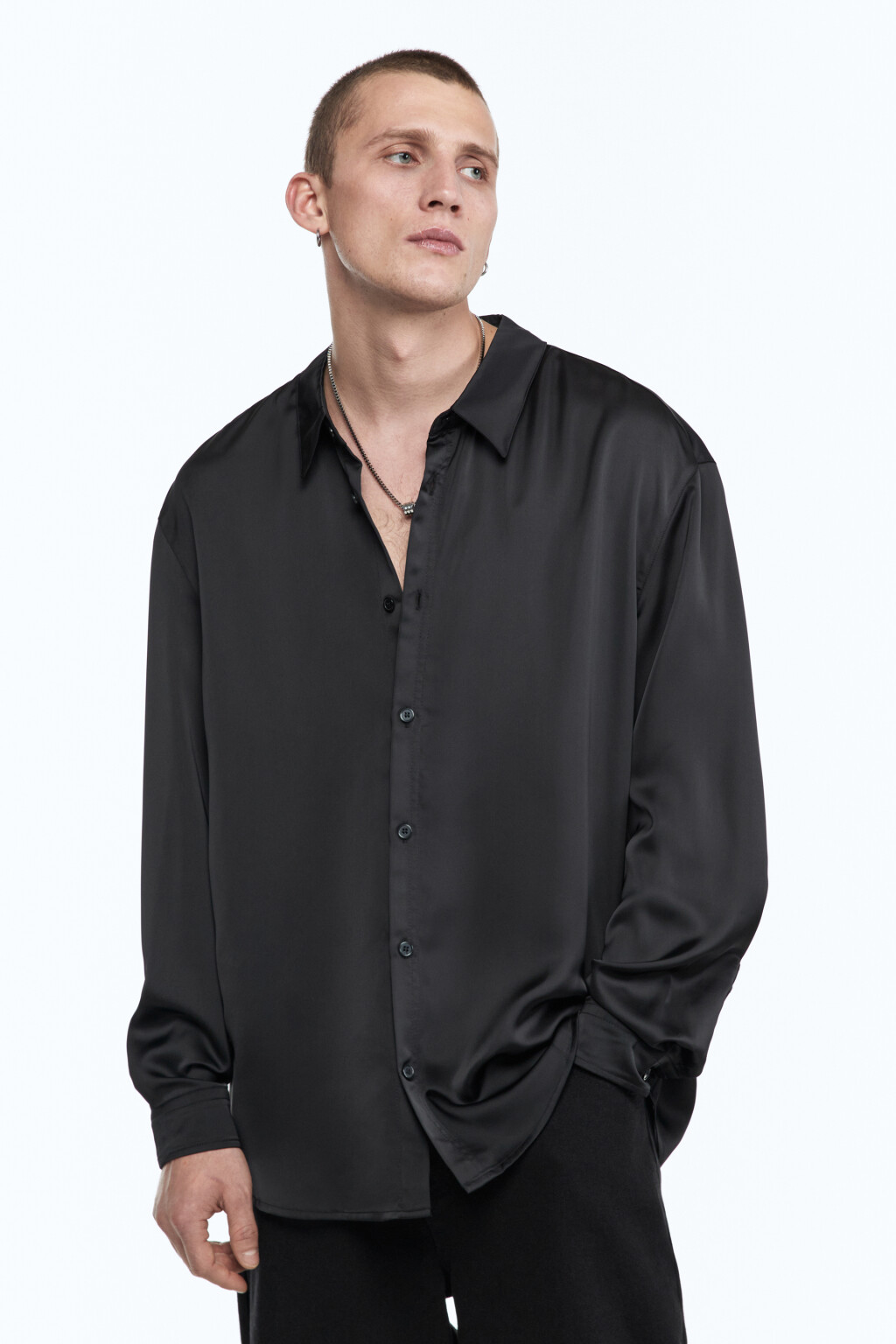 Рубашка атласная с длинными рукавами - цвет черный - 4