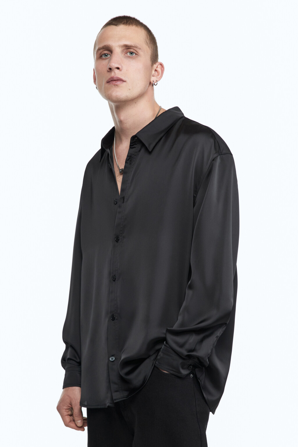 Рубашка атласная с длинными рукавами - цвет черный - 5