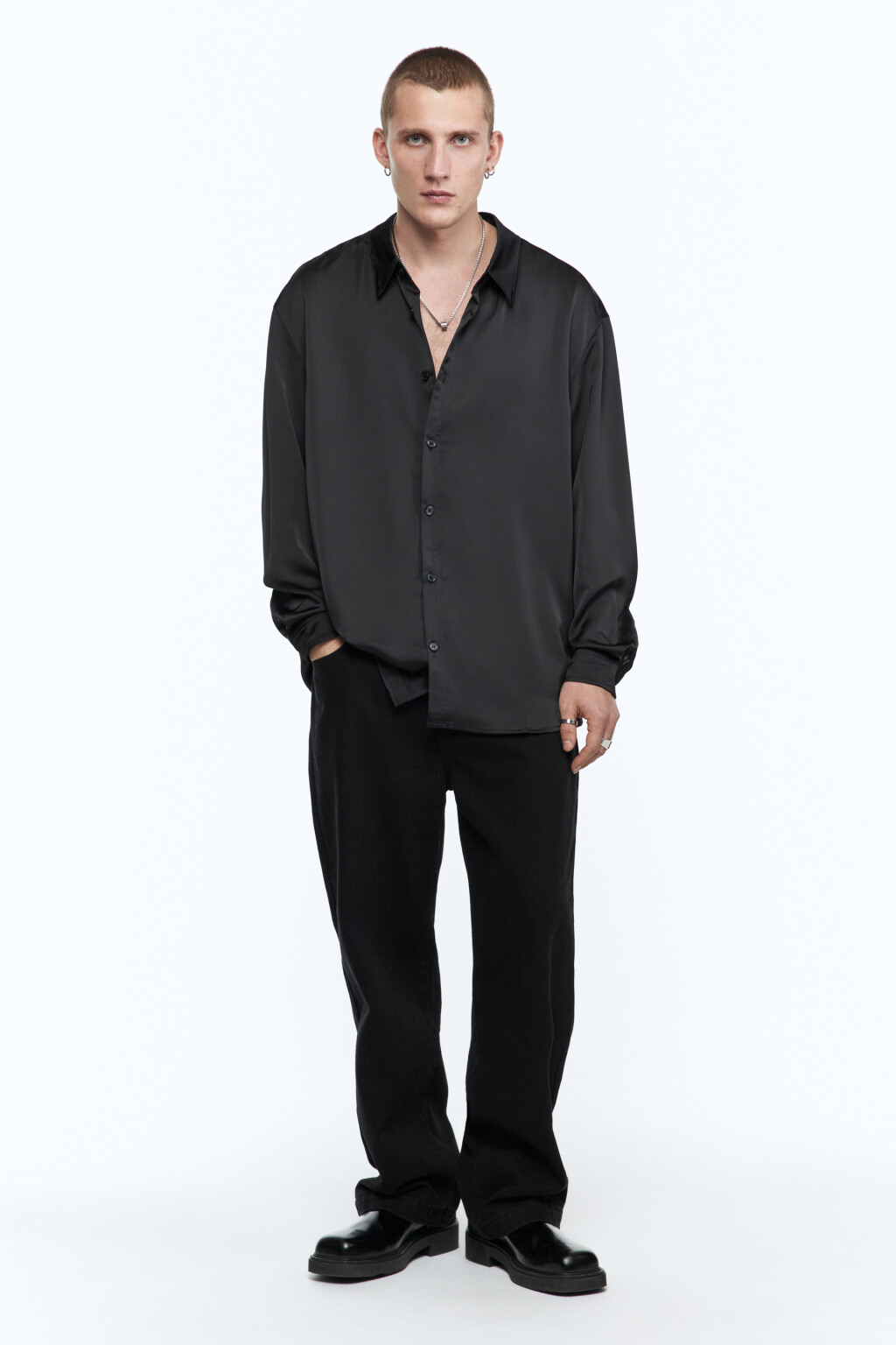 Рубашка атласная с длинными рукавами - цвет черный - 7