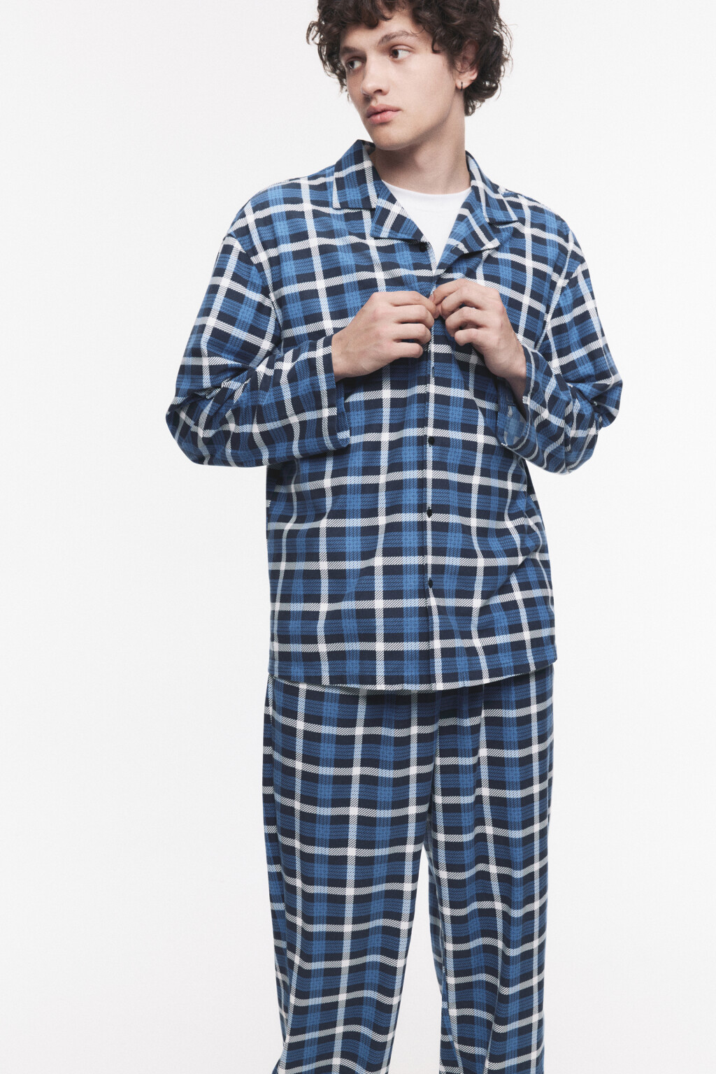 Рубашка пижамная с принтом в клетку - цвет голубой - 1