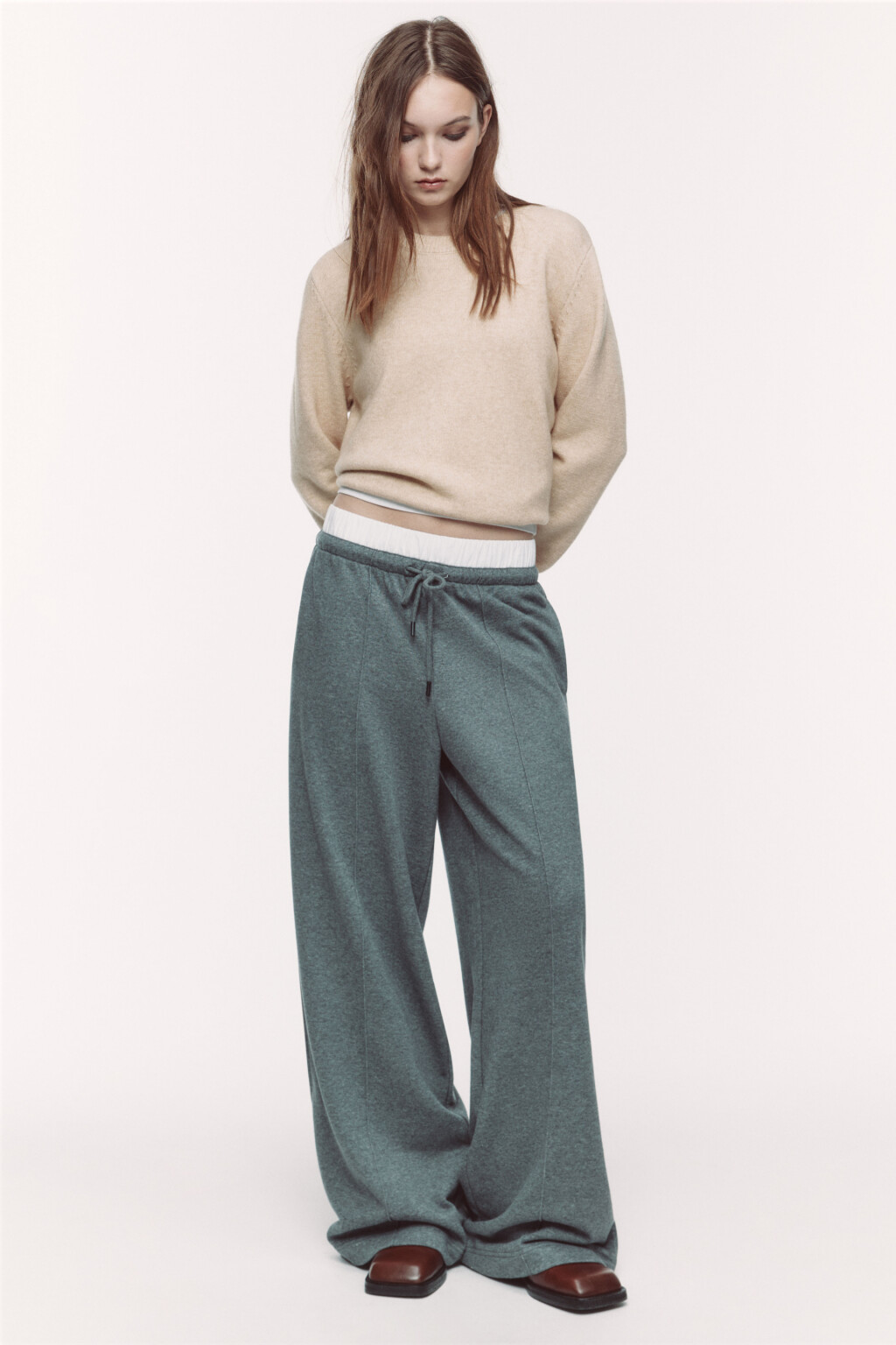 Брюки широкие трикотажные с двойным поясом - цвет серый - 5