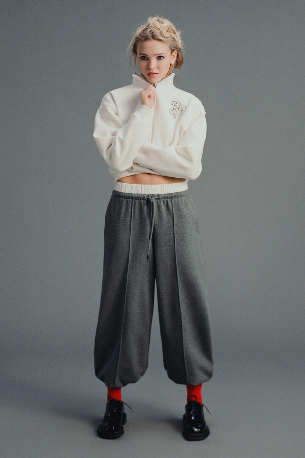 Брюки широкие трикотажные с двойным поясом - цвет серый - 8