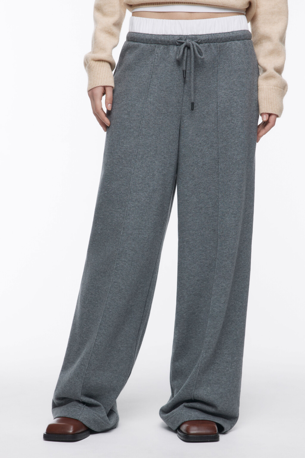 Брюки широкие трикотажные с двойным поясом - цвет серый - 3