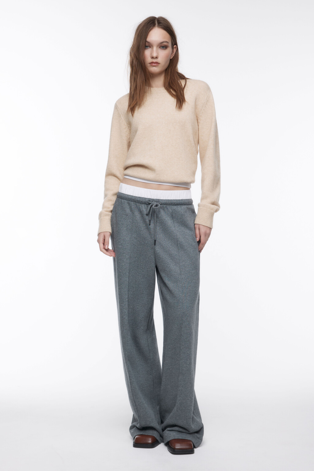 Брюки широкие трикотажные с двойным поясом - цвет серый - 1