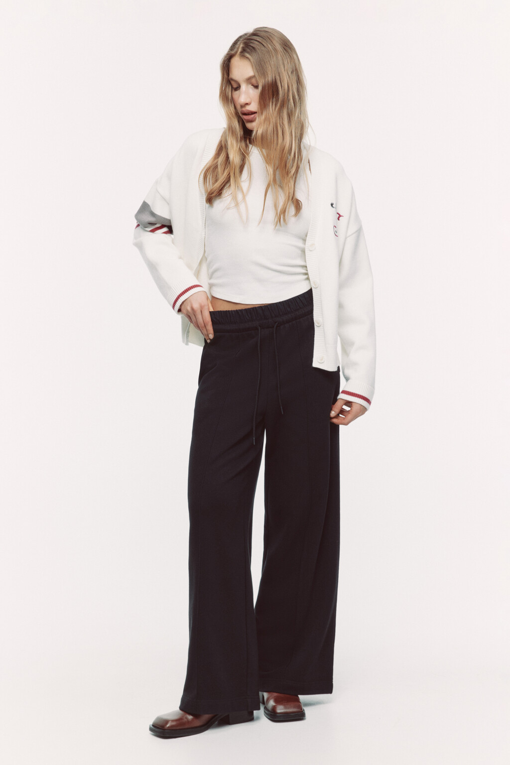 Брюки широкие трикотажные с двойным поясом - цвет черный - 1