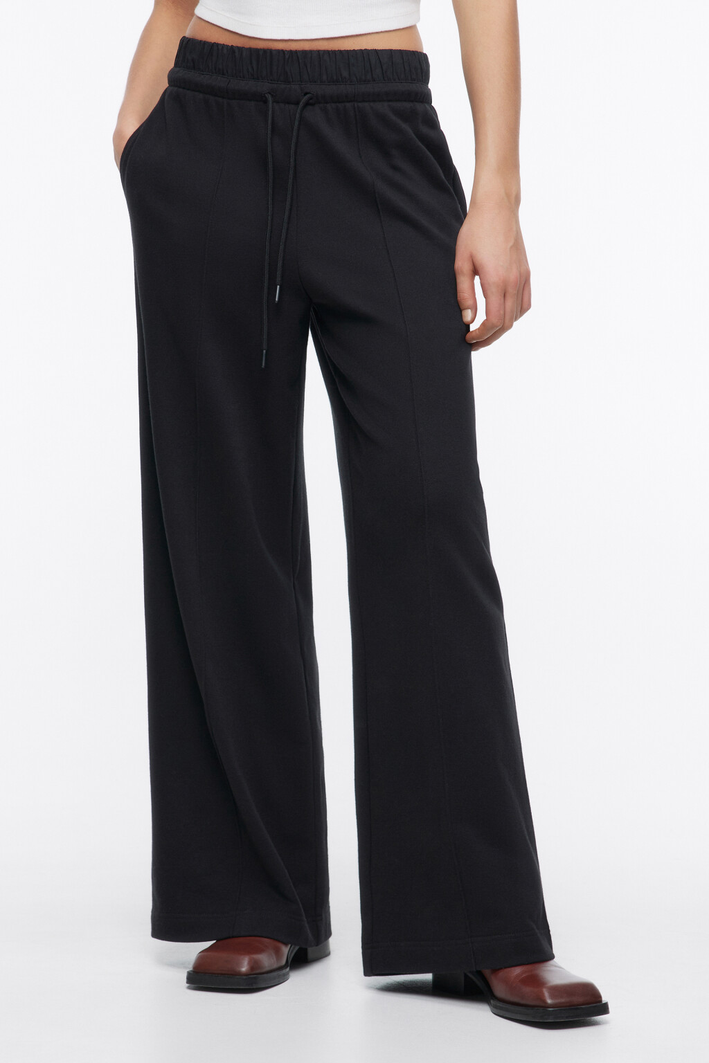 Брюки широкие трикотажные с двойным поясом - цвет черный - 2