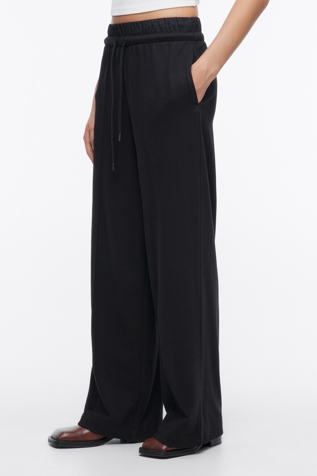 Брюки широкие трикотажные с двойным поясом - цвет черный - 3