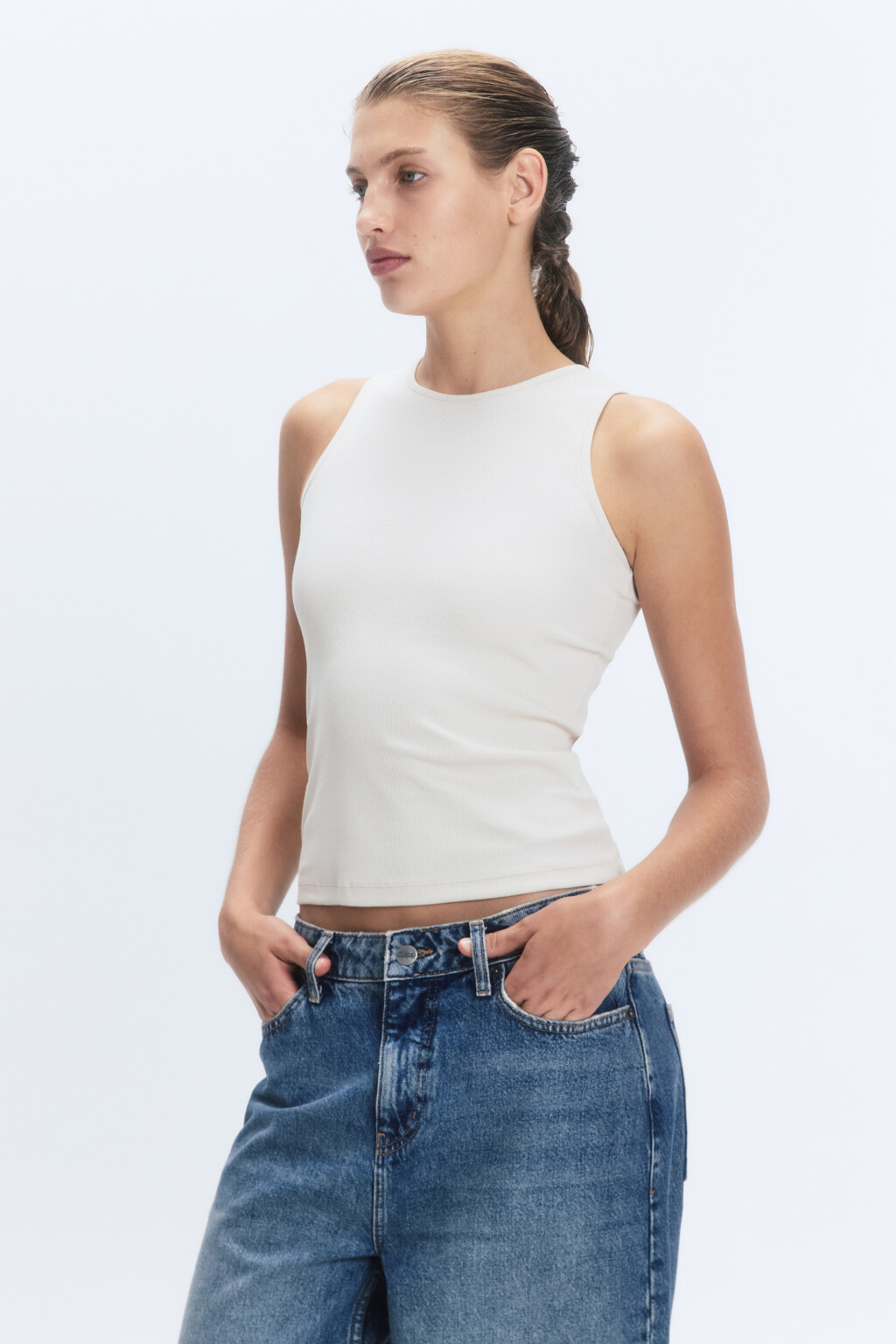 Майка хлопковая облегающая в рубчик - цвет бежевый - 4