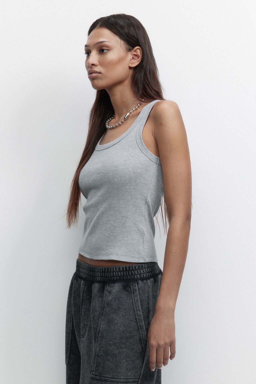 Майка облегающая в рубчик - цвет серый - 2