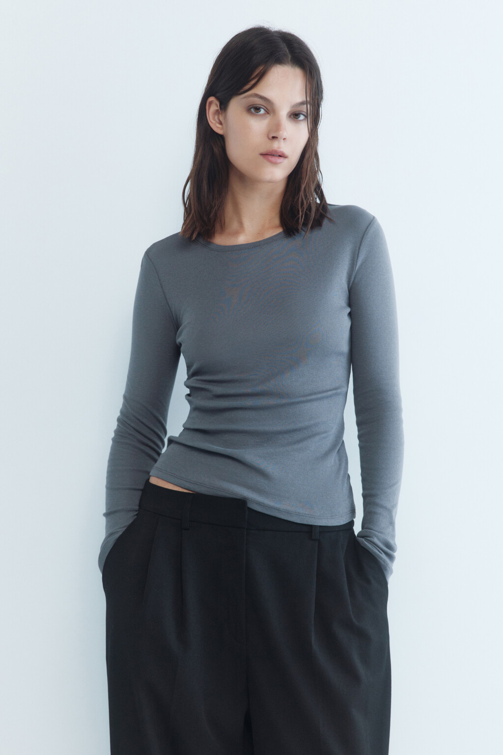 Лонгслив облегающий из органического хлопка - цвет серый - 3