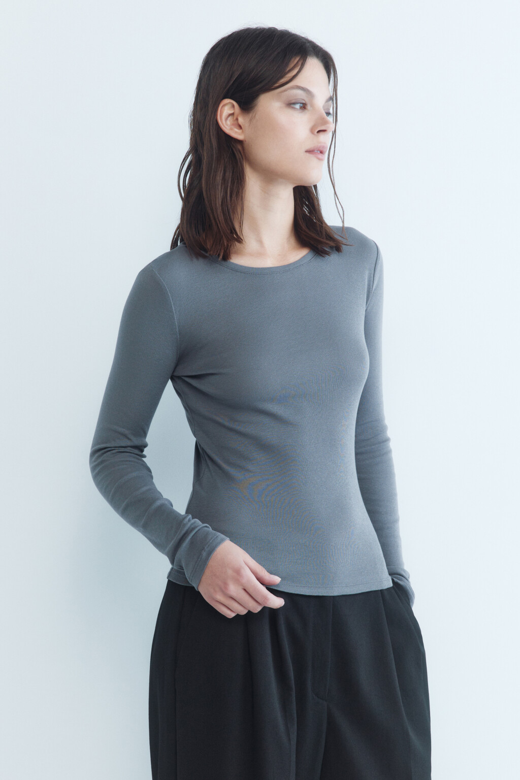 Лонгслив облегающий из органического хлопка - цвет серый - 4