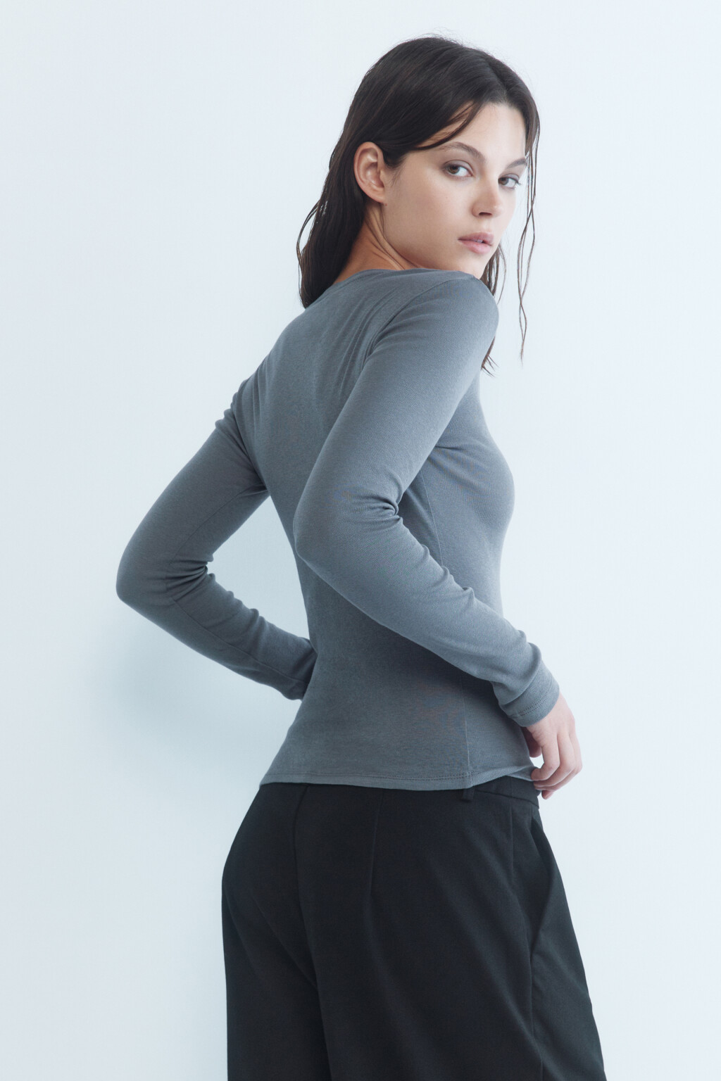 Лонгслив облегающий из органического хлопка - цвет серый - 5