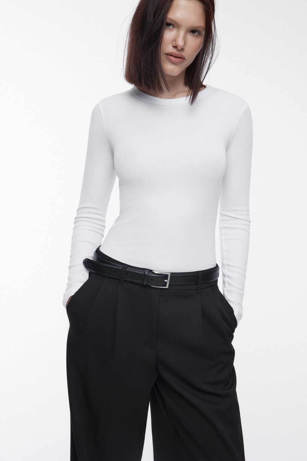 Лонгслив облегающий в рубчик - цвет белый - 1