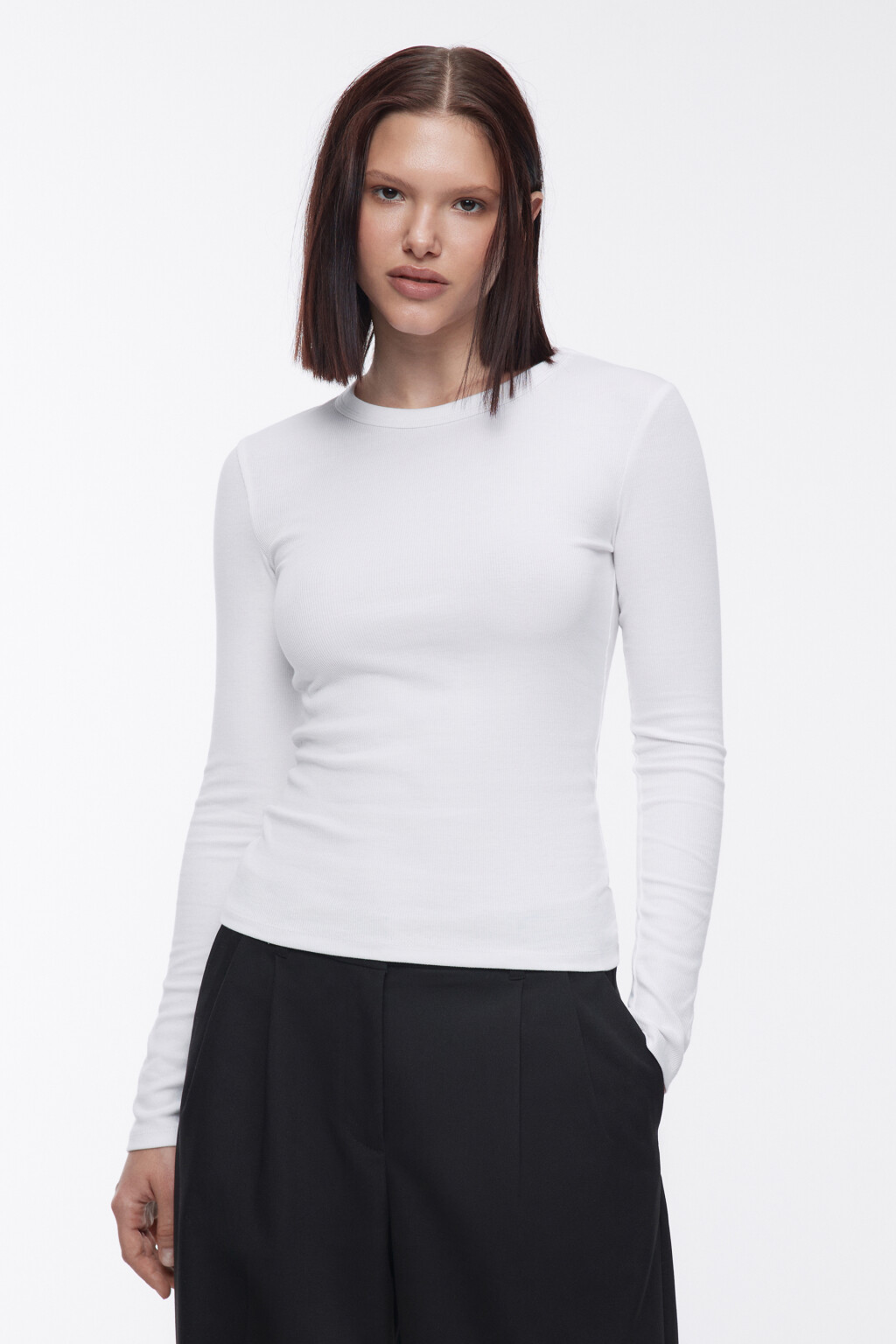 Лонгслив облегающий в рубчик - цвет белый - 2