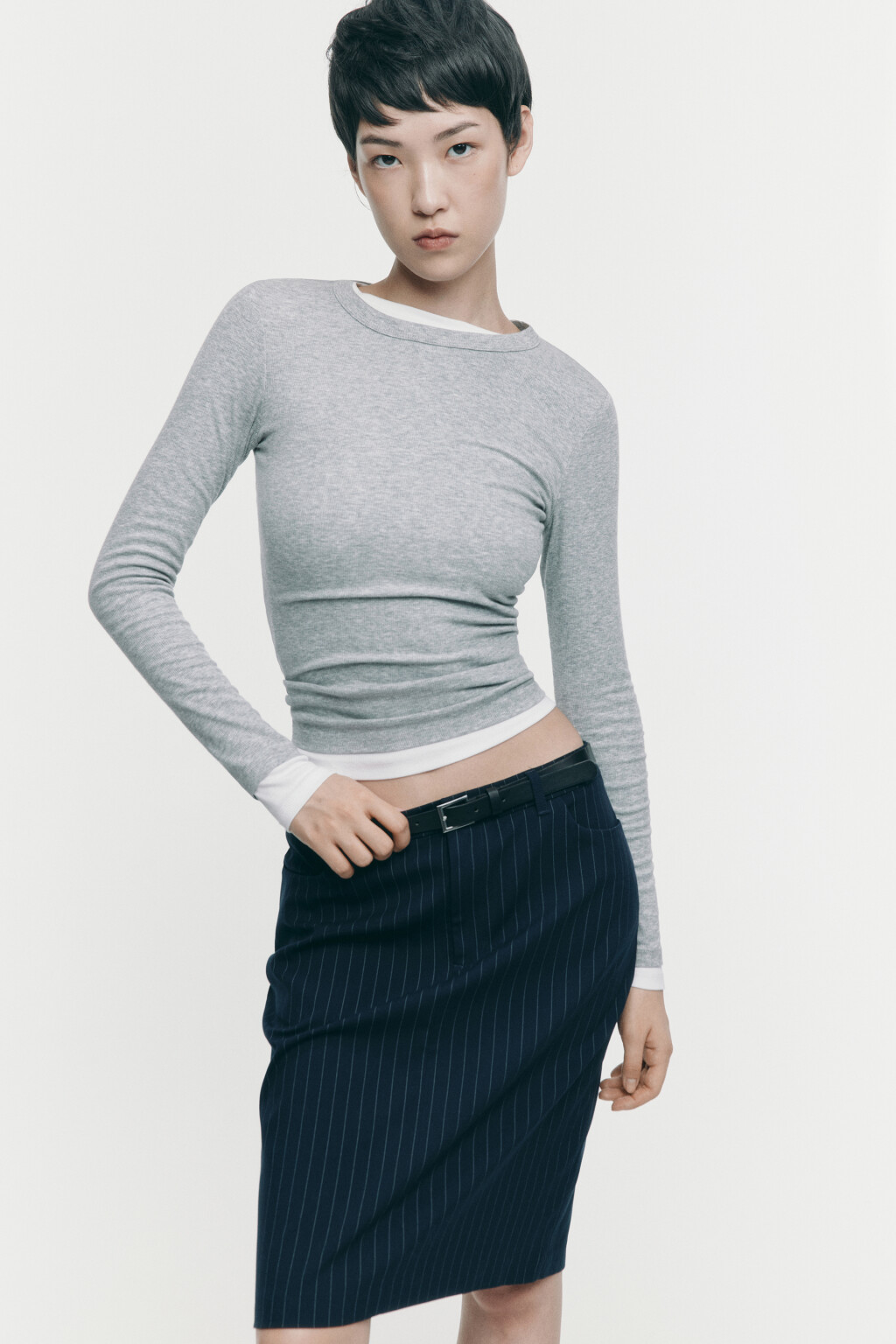 Лонгслив облегающий в рубчик - цвет серый - 10