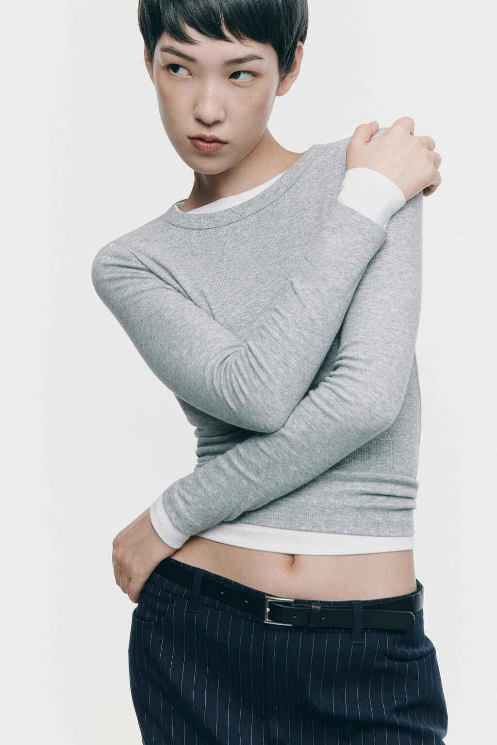 Лонгслив облегающий в рубчик - цвет серый - 11