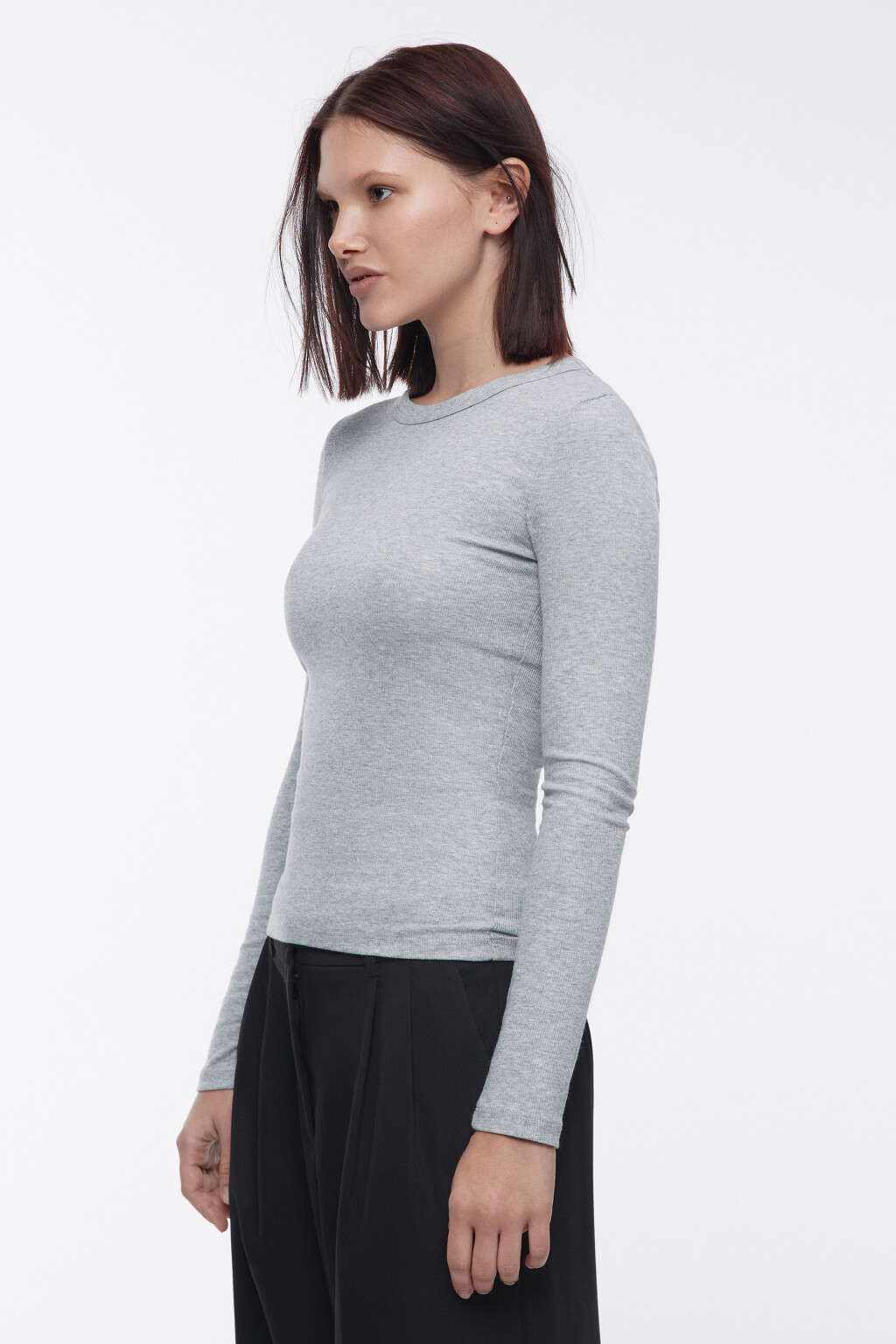 Лонгслив облегающий в рубчик - цвет серый - 3