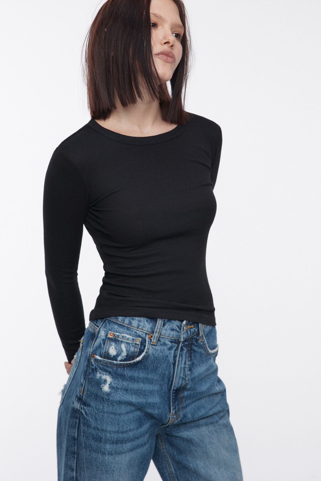 Лонгслив облегающий в рубчик - цвет черный - 2