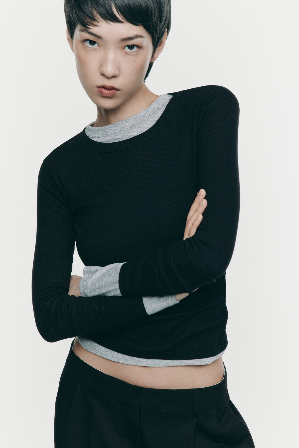 Лонгслив облегающий в рубчик - цвет черный - 10